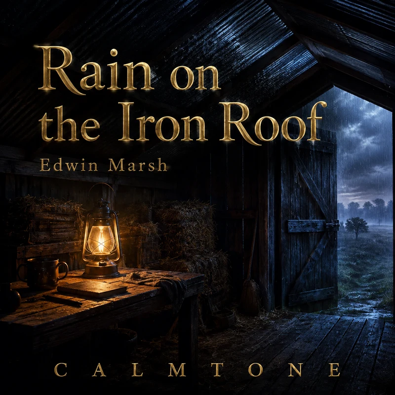 Rain on the Iron Roof: The barn at the field's edge in a long, soft storm